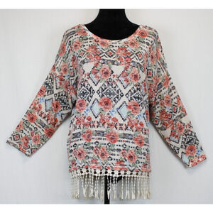 No Boundaries Tunic Top Junior XXL Boho Pink Floral Trim Lace Dolman Sleeve